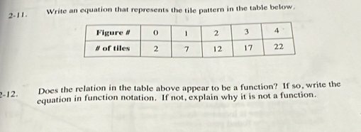 2-11. Write an equation that represents the tile pattern in the table below. 
Does the relation in the table above appear to be a function? If so, write the 
2-12. equation in function notation. If not, explain why it is not a function.