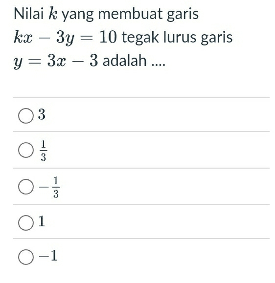 Nilai k yang membuat garis
kx-3y=10 tegak lurus garis
y=3x-3 adalah ....
3
 1/3 
- 1/3 
1
-1