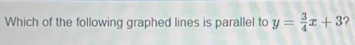 Which of the following graphed lines is parallel to y= 3/4 x+3 ?