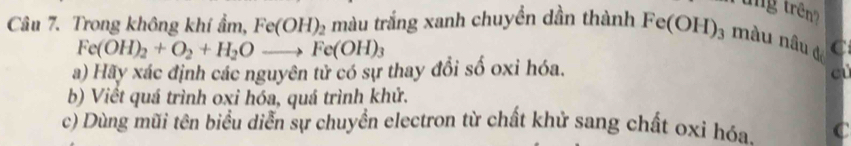 tng trên 
Câu 7. Trong không khí ẩm, Fe(OH)_2 màu trắng xanh chuyền dần thành Fe(OH)_3 màu nâu đ C
Fe(OH)_2+O_2+H_2Oto Fe(OH)_3
a) Hãy xác định các nguyên tử có sự thay đổi số oxi hóa. 
cú 
b) Viết quá trình oxi hóa, quá trình khử. 
c) Dùng mũi tên biểu diễn sự chuyển electron từ chất khử sang chất oxi hóa. C