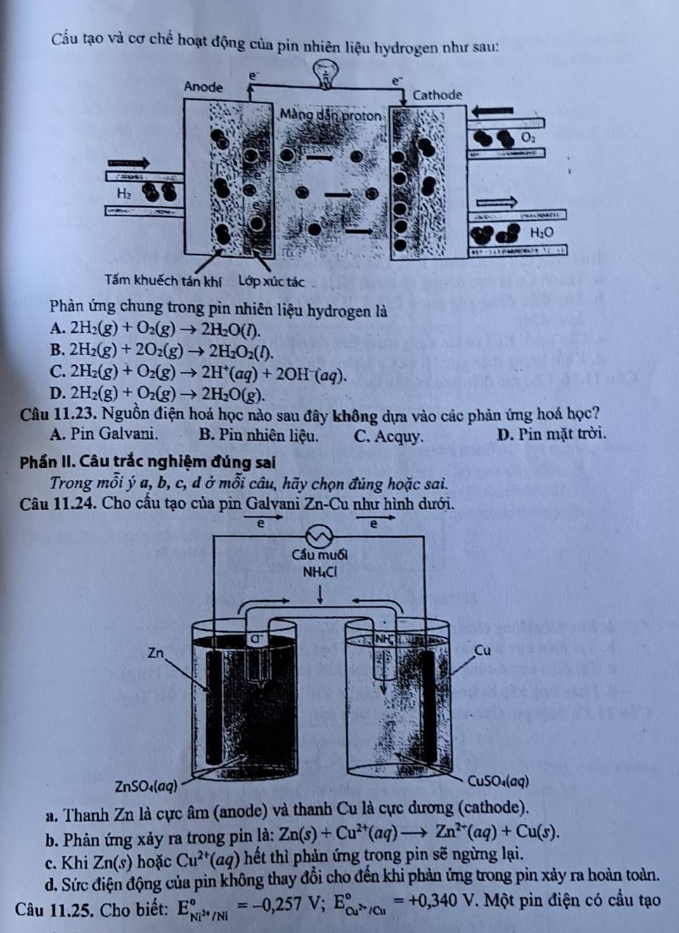 Cầu tạo và cơ chế hoạt động của pin nhiên liệu hydrogen như sau:
Phản ứng chung trong pin nhiên liệu hydrogen là
A. 2H_2(g)+O_2(g)to 2H_2O(l).
B. 2H_2(g)+2O_2(g)to 2H_2O_2(l).
C. 2H_2(g)+O_2(g)to 2H^+(aq)+2OH^-(aq).
D. 2H_2(g)+O_2(g)to 2H_2O(g).
Câu 11.23. Nguồn điện hoá học nào sau đây không dựa vào các phản ứng hoá học?
A. Pin Galvani. B. Pin nhiên liệu. C. Acquy. D. Pin mặt trời.
Phần II. Câu trắc nghiệm đúng sai
Trong mỗi ý a, b, c, d ở mỗi câu, hãy chọn đúng hoặc sai.
Câu 11.24. Cho cấu tạo của pin Galvani Zn-Cu như hình dưới.
a. Thanh Zn là cực âm (anode) và thanh Cu là cực dương (cathode).
b. Phản ứng xảy ra trong pin là: Zn(s)+Cu^(2+)(aq)to Zn^(2+)(aq)+Cu(s).
c. Khi Zn(s) hoặc Cu^(2+)(aq) hết thì phản ứng trong pin sẽ ngừng lại.
d. Sức điện động của pin không thay đổi cho đến khi phản ứng trong pin xảy ra hoàn toàn.
Câu 11.25. Cho biết: E_Ni^(2+)/Ni^circ =-0,257V;E_Cu^(2+)/Cu^circ =+0,340 V. Một pin điện có cầu tạo