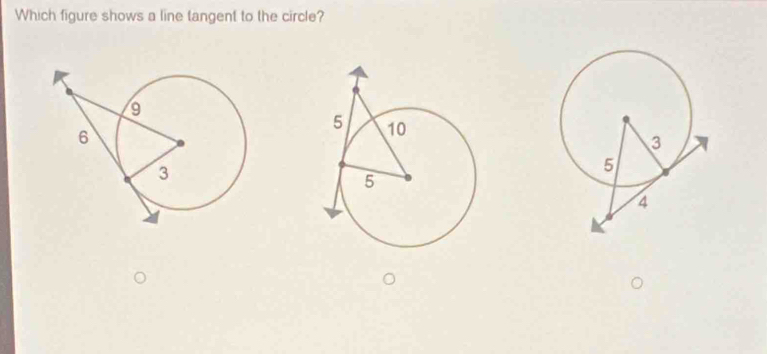 Which figure shows a line tangent to the circle?