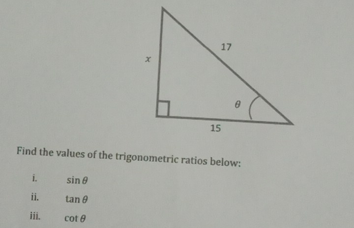 Find the values of the trigonometric ratios below: 
i. sin θ
ii. tan θ
iii. cot θ