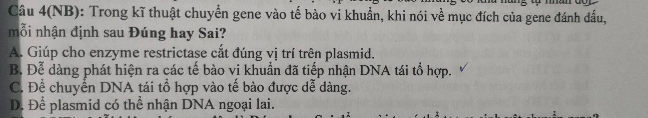 Câu 4(NB): Trong kĩ thuật chuyển gene vào tế bào vi khuẩn, khi nói về mục đích của gene đánh đấu,
mỗi nhận định sau Đúng hay Sai?
A. Giúp cho enzyme restrictase cắt đúng vị trí trên plasmid.
B. Đễ dàng phát hiện ra các tế bào vị khuẩn đã tiếp nhận DNA tái tổ hợp.
C. Để chuyển DNA tái tổ hợp vào tế bào được dễ dàng.
D. Để plasmid có thể nhận DNA ngoại lai.