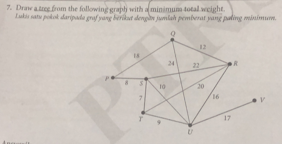 Draw a tree from the following graph with a minimum total weight. 
Lukis satu pokok daripada graf yang berikut dengan jumlah pemberat yang paling minimum.