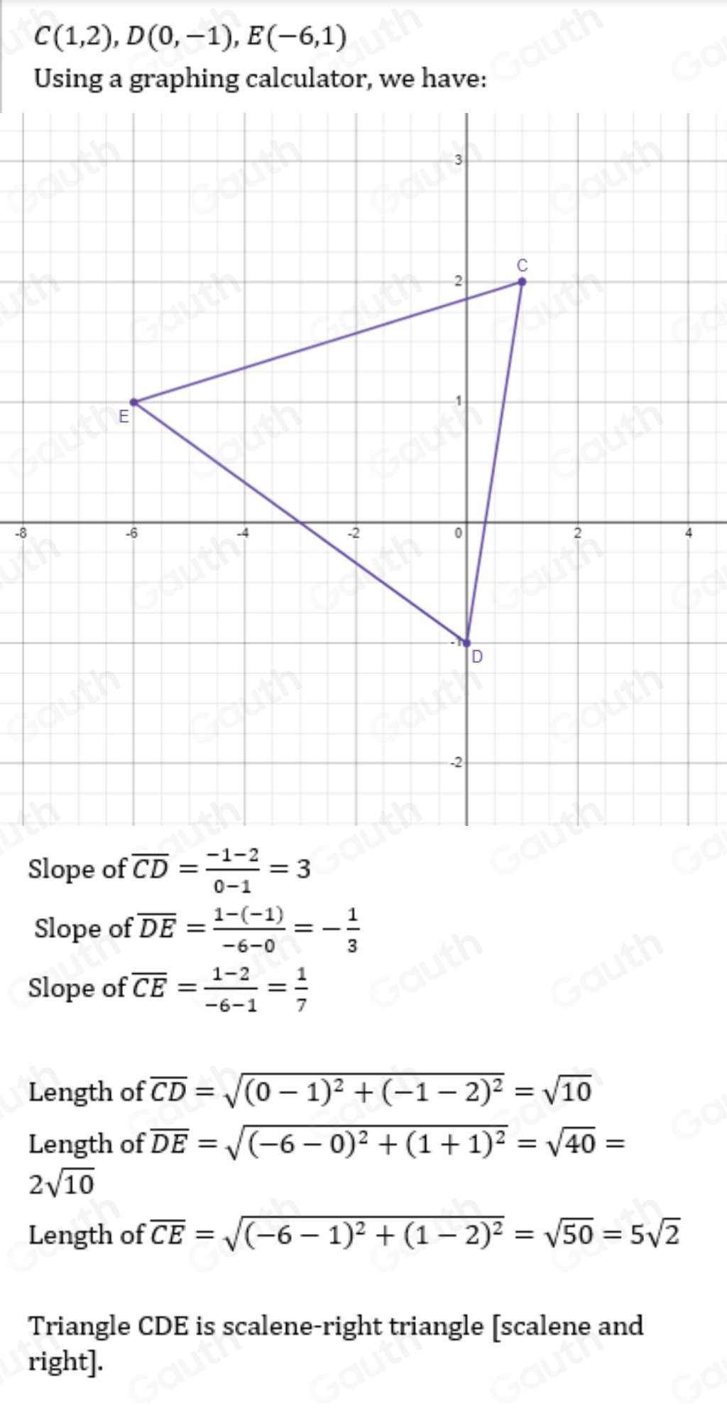 C(1,2),D(0,-1), E(-6,1)
Using a graphing calculator, we have:
-8
4
Slope of overline CD= (-1-2)/0-1 =3
Slope of overline DE= (1-(-1))/-6-0 =- 1/3 
Slope of overline CE= (1-2)/-6-1 = 1/7 
Length of overline CD=sqrt((0-1)^2)+(-1-2)^2=sqrt(10)
Length of overline DE=sqrt((-6-0)^2)+(1+1)^2=sqrt(40)=
2sqrt(10)
Length of overline CE=sqrt((-6-1)^2)+(1-2)^2=sqrt(50)=5sqrt(2)
Triangle CDE is scalene-right triangle [scalene and 
right].