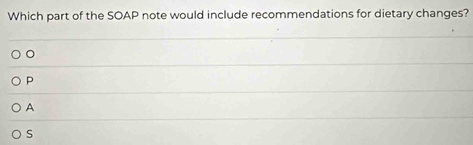 Which part of the SOAP note would include recommendations for dietary changes?
。
P
A
S