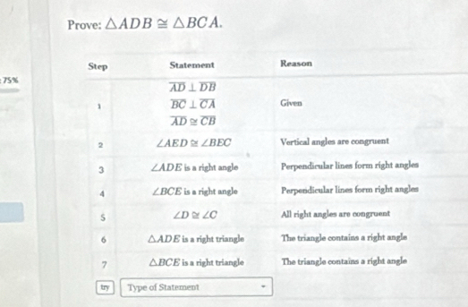 Prove: △ ADB≌ △ BCA.
75%