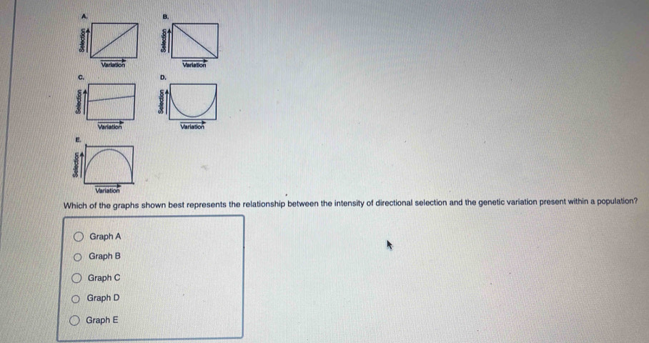 Variation Veriation
c. D.
5
3
Variation 
Which of the graphs shown best represents the relationship between the intensity of directional selection and the genetic variation present within a population?
Graph A
Graph B
Graph C
Graph D
Graph E