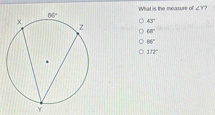 Solved: What is the measure of ∠ Y 2 43° 68° 86° 172° Y [Math]