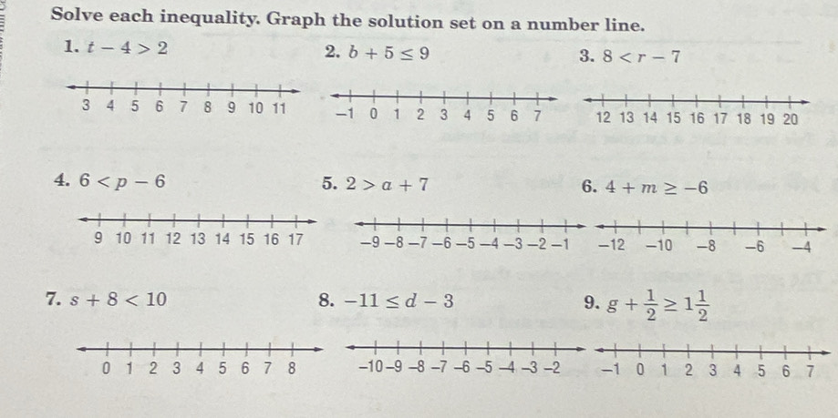 Solve each inequality. Graph the solution set on a number line. 
1. t-4>2
2. b+5≤ 9 3. 8
4. 6 5. 2>a+7 6. 4+m≥ -6
7. s+8<10</tex> 8. -11≤ d-3 9. g+ 1/2 ≥ 1 1/2 