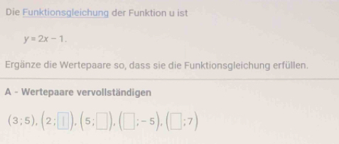 Die Funktionsgleichung der Funktion u ist
y=2x-1. 
Ergänze die Wertepaare so, dass sie die Funktionsgleichung erfüllen. 
A - Wertepaare vervollständigen
(3;5), (2;□ ), (5;□ ), (□ ;-5), (□ ;7)