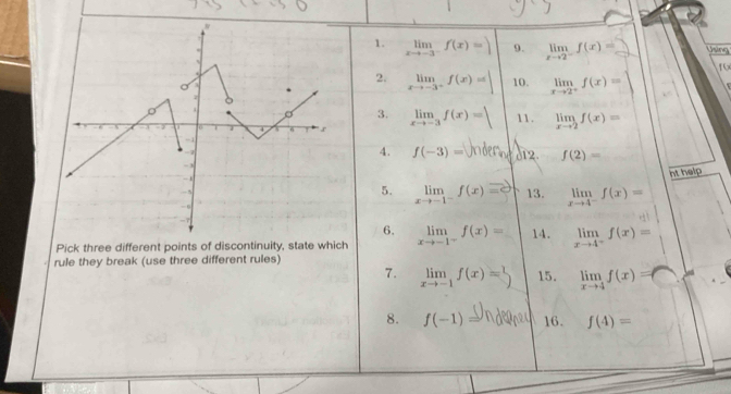 limlimits _xto -3^-f(x)=) 9. limlimits _xto 2^-f(x)= Using 
2. limlimits _xto -3^+f(x)= 10. limlimits _xto 2^+f(x)=
3. limlimits _xto -3f(x)= 11. limlimits _xto 2f(x)=
4. f(-3)= d12. f(2)=
ht help 
5. limlimits _xto -1^-f(x)equiv 13. limlimits _xto 4^-f(x)=
6. 
Pick three different points of discontinuity, state which limlimits _xto -1^-f(x)= 14. limlimits _xto 4^+f(x)=
rule they break (use three different rules) 
7. limlimits _xto -1f(x)= 15. limlimits _xto 4f(x)=
8. f(-1)= 16. f(4)=