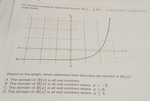 graph below. 22. Rashida created the exponential function R(x)= 1/8 (2)^x-2 * Her function is mo e ted in t 
Based on the graph, which statement best describes the domain of R(x) 7
A. The domain of R(x) is all real numbers.
B. The domain of R(x) is all real numbers where x>-2.
C. The domain of R(x) is all real numbers where x≥ 0.
D. The domain of R(x) is all real numbers where x≥ 4.