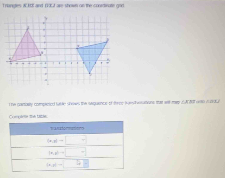 Triangles KEZ and D.XI are shown on the coordinate grid
The partially completed table shows the sequence of three transformations that will map △ KBZ CD ∠ DLJ
Complete the tablie.