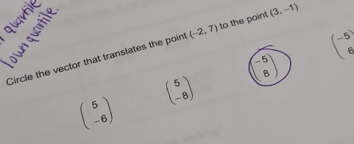 beginpmatrix -5 6endpmatrix
Circle the vector that translates the point (-2,7) to the point (3,-1)
beginarrayr -5 8endarray )
beginpmatrix 5 -8endpmatrix
beginpmatrix 5 -6endpmatrix