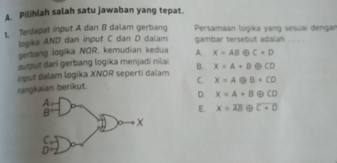 Pilihlah salah satu jawaban yang tepat.
1. Terdapat input A dan B dalam gerbang  Persamaan logika yang sesuai dengan
logika AND dan input C dan D dalam gambar tersebut adalah
gerbang logika NOR, kemudian kedua A. X=ABoplus C+D
output dari gerbang logika menjadi nilai
input dalam logika XNOR seperti dalam B. X=A+Boplus CD
C. X=Aoplus B+CD
rangkaian berikut.
D. X=A+Boplus CD
E. X=overline ABoplus overline C+D