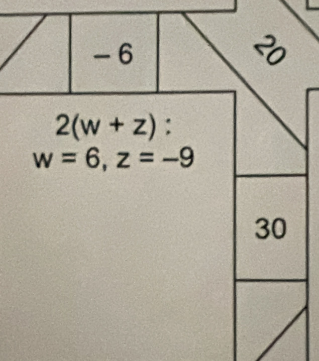 - 6
2(w+z) :
w=6, z=-9