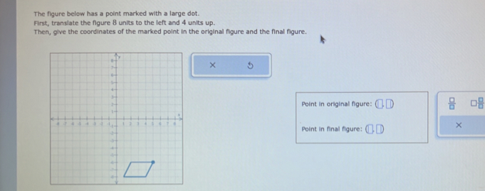 The figure below has a point marked with a large dot. 
First, translate the figure 8 units to the left and 4 units up. 
Then, give the coordinates of the marked point in the original figure and the final figure. 
× 
Point in original figure:  □ /□   □  □ /□  
Point in final figure: 
×