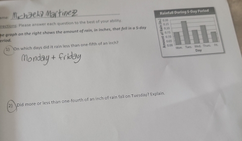 ame 
rections: Please answer each question to the best of your ability. 
he graph on the right shows the amount of rain, in inches, that fell in a 5-day
eriod. 
1) On which days did it rain less than one-fifth of an inch? 
2) Did more or less than one-fourth of an inch of rain fail on Tuesday? Explain.