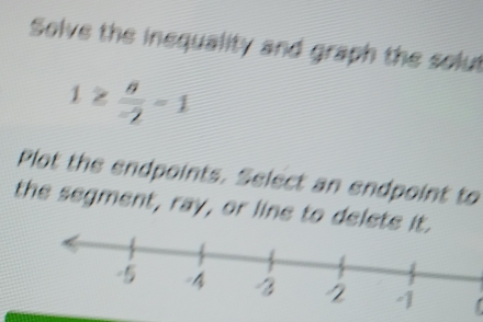 Solve the inequality and graph the solut
1≥  a/-2 -1
Plot the endpoints. Select an endpoint to 
the segment, ray, or line to delete it.