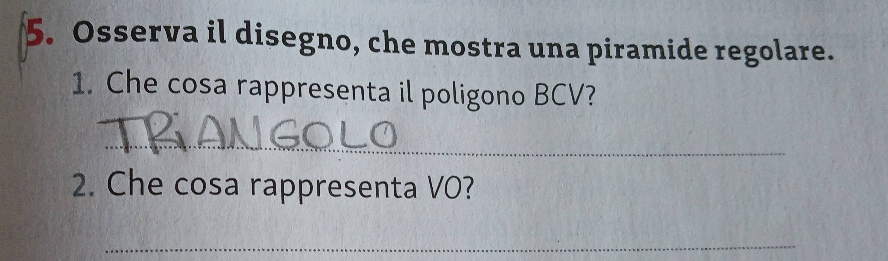 Osserva il disegno, che mostra una piramide regolare. 
1. Che cosa rappresenta il poligono BCV? 
_ 
2. Che cosa rappresenta VO? 
_