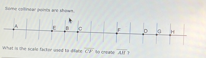 Some collinear points are shown. 
What is the scale factor used to dilate overline CF to create overline AH 2