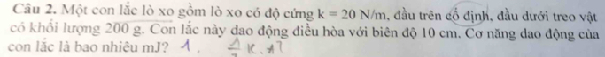 Một con lắc lò xo gồm lò xo có độ cứng k=20N/m , đầu trên cố định, đầu dưới treo vật 
có khối lượng 200 g. Con lắc này dao động điều hòa với biên độ 10 cm. Cơ năng dao động của 
con lắc là bao nhiêu mJ?