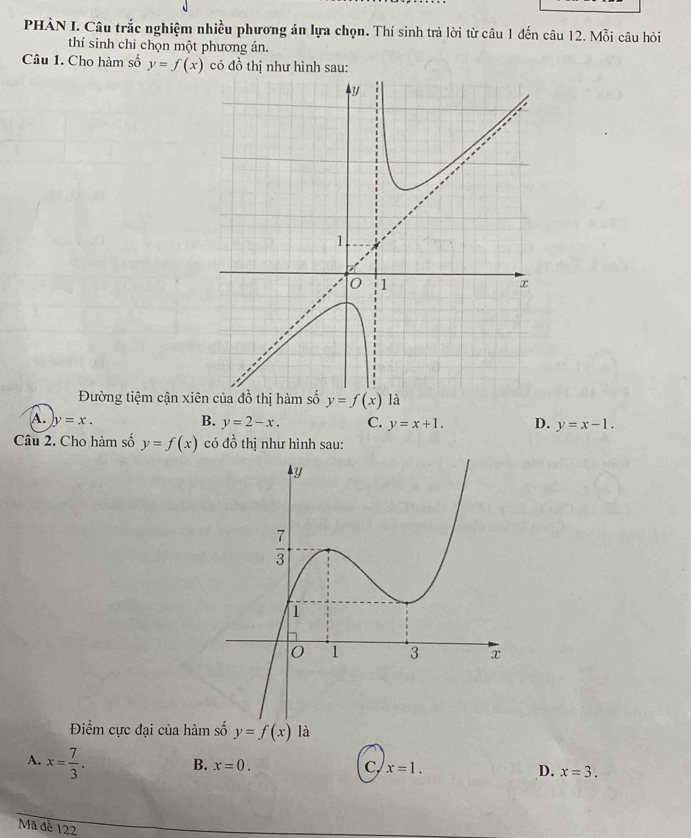 PHÀN I. Câu trắc nghiệm nhiều phương án lựa chọn. Thí sinh trả lời từ câu 1 đến câu 12. Mỗi câu hỏi
thí sinh chỉ chọn một phương án.
Câu 1. Cho hàm số y=f(x) có đồ thị như hình sau:
Đường tiệm cận xiên của đồ thị hàm số y=f(x) là
A. y=x. B. y=2-x. C. y=x+1. D. y=x-1.
Câu 2. Cho hàm số y=f(x) có đồ thị như hình sau:
Điểm cực đại của hàm số y=f(x) là
A. x= 7/3 .
B. x=0. C, x=1. D. x=3.
Mã đề 122