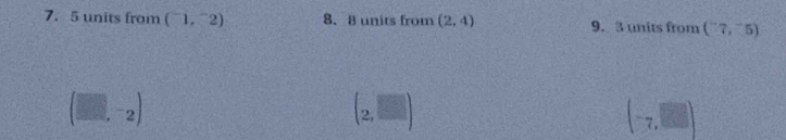 5 units from (^-1,^-2) 8. 8 units from (2,4) 9. 3 units from (7,-5)
(□ ,-2)
beginpmatrix 2,□ endpmatrix