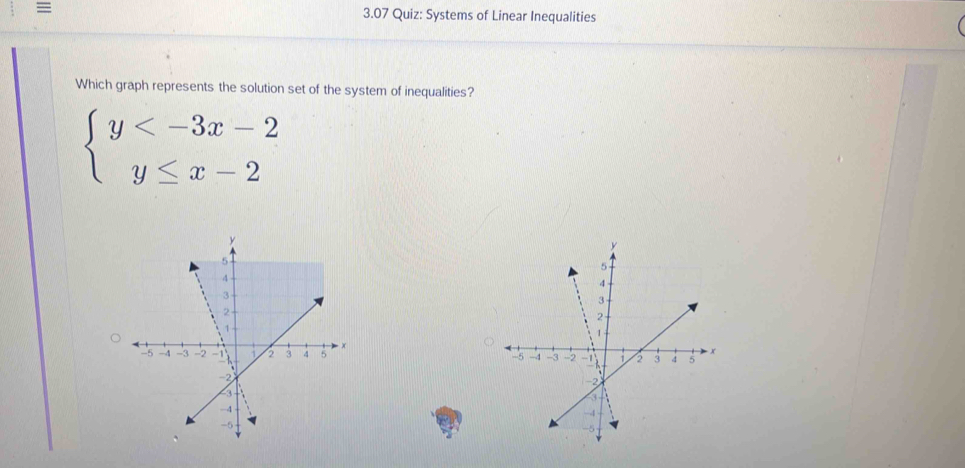 = 3.07 Quiz: Systems of Linear Inequalities 
Which graph represents the solution set of the system of inequalities?
beginarrayl y