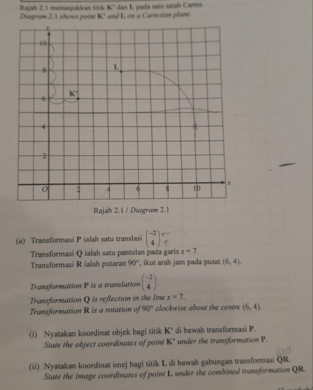 Rajah 2.1 menunjukkan titik K° dan L pada satu satah Cartes.
Diagram 2.1 shows point K' and L on a Cartesian plane.
Rajah 2.1 / Diagram 2.1
(a) Transformasi P ialah satu translasi beginpmatrix -2 4endpmatrix
Transformasi Q ialah satu pantulan pada garis x=7.
Transformasi R ialah putaran 90° , ikut arah jam pada pusat (6,4).
Transformation P is a translation beginpmatrix -2 4endpmatrix .
Transformation Q is reflection in the line x=7.
Transformation R is a rotation of 90° clockwise about the centre (6,4).
(i) Nyatakan koordinat objek bagi titik K' di bawah transformasi P.
State the object coordinates of point K’ under the transformation P.
(ii) Nyatakan koordinat imej bagi titik L di bawah gabungan transformasi QR.
State the image coordinates of point L under the combined transformation QR.