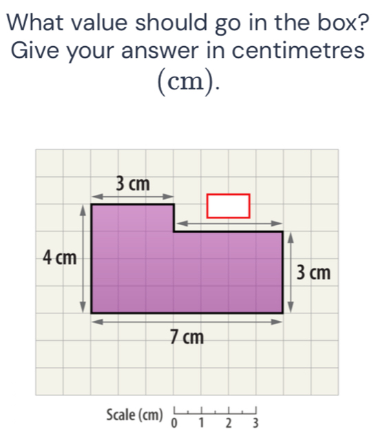 What value should go in the box? 
Give your answer in centimetres 
(cm). 
Scale (cm) 0 1 2 3