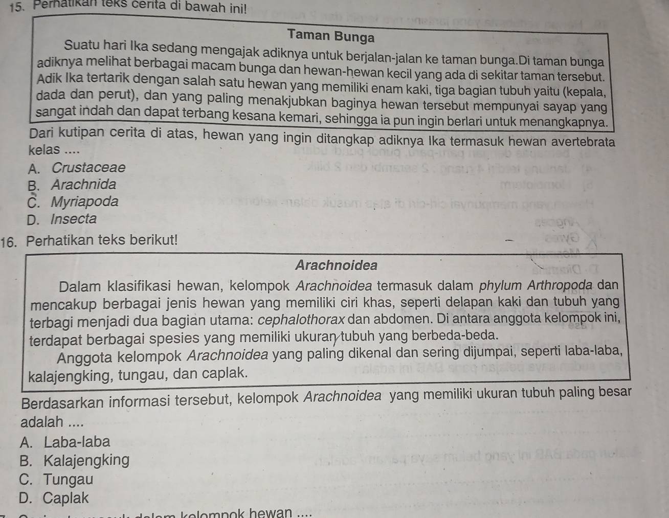 Perhatikan teks cerita di bawah ini!
Taman Bunga
Suatu hari Ika sedang mengajak adiknya untuk berjalan-jalan ke taman bunga.Di taman bunga
adiknya melihat berbagai macam bunga dan hewan-hewan kecil yang ada di sekitar taman tersebut.
Adik Ika tertarik dengan salah satu hewan yang memiliki enam kaki, tiga bagian tubuh yaitu (kepala,
dada dan perut), dan yang paling menakjubkan baginya hewan tersebut mempunyai sayap yang
sangat indah dan dapat terbang kesana kemari, sehingga ia pun ingin berlari untuk menangkapnya.
Dari kutipan cerita di atas, hewan yang ingin ditangkap adiknya Ika termasuk hewan avertebrata
kelas ....
A. Crustaceae
B. Arachnida
C. Myriapoda
D. Insecta
16. Perhatikan teks berikut!
Arachnoidea
Dalam klasifikasi hewan, kelompok Arachnoidea termasuk dalam phylum Arthropoda dan
mencakup berbagai jenis hewan yang memiliki ciri khas, seperti delapan kaki dan tubuh yang
terbagi menjadi dua bagian utama: cephalothorax dan abdomen. Di antara anggota kelompok ini,
terdapat berbagai spesies yang memiliki ukuran tubuh yang berbeda-beda.
Anggota kelompok Arachnoidea yang paling dikenal dan sering dijumpai, seperti laba-laba,
kalajengking, tungau, dan caplak.
Berdasarkan informasi tersebut, kelompok Arachnoidea yang memiliki ukuran tubuh paling besar
adalah ....
A. Laba-laba
B. Kalajengking
C. Tungau
D. Caplak
o  n o k   he w a n   . ...