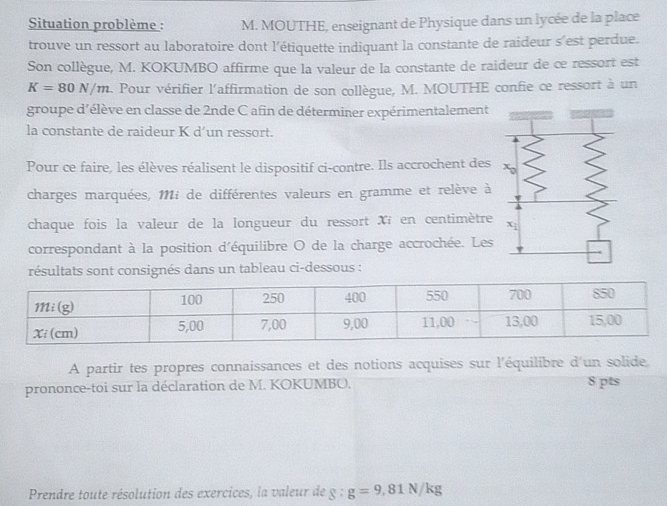 Situation problème : M. MOUTHE, enseignant de Physique dans un lycée de la place
trouve un ressort au laboratoire dont l'étiquette indiquant la constante de raideur s'est perdue.
Son collègue, M. KOKUMBO affirme que la valeur de la constante de raideur de ce ressort est
K=80N/m. Pour vérifier l'affirmation de son collègue, M. MOUTHE confie ce ressort à un
groupe d'élève en classe de 2nde C afin de déterminer expérimentalement
la constante de raideur K d’un ressort.
Pour ce faire, les élèves réalisent le dispositif ci-contre. Ils accrochent des
charges marquées, 1i de différentes valeurs en gramme et relève à
chaque fois la valeur de la longueur du ressort Xi en centimètre
correspondant à la position d'équilibre O de la charge accrochée. Les
résultats sont consignés dans un tableau ci-dessous :
A partir tes propres connaissances et des notions acquises sur l'équilibre d'un solide
prononce-toi sur la déclaration de M. KOKUMBO, 8 pts
Prendre toute résolution des exercices, la valeur de g : g=9,81N/kg