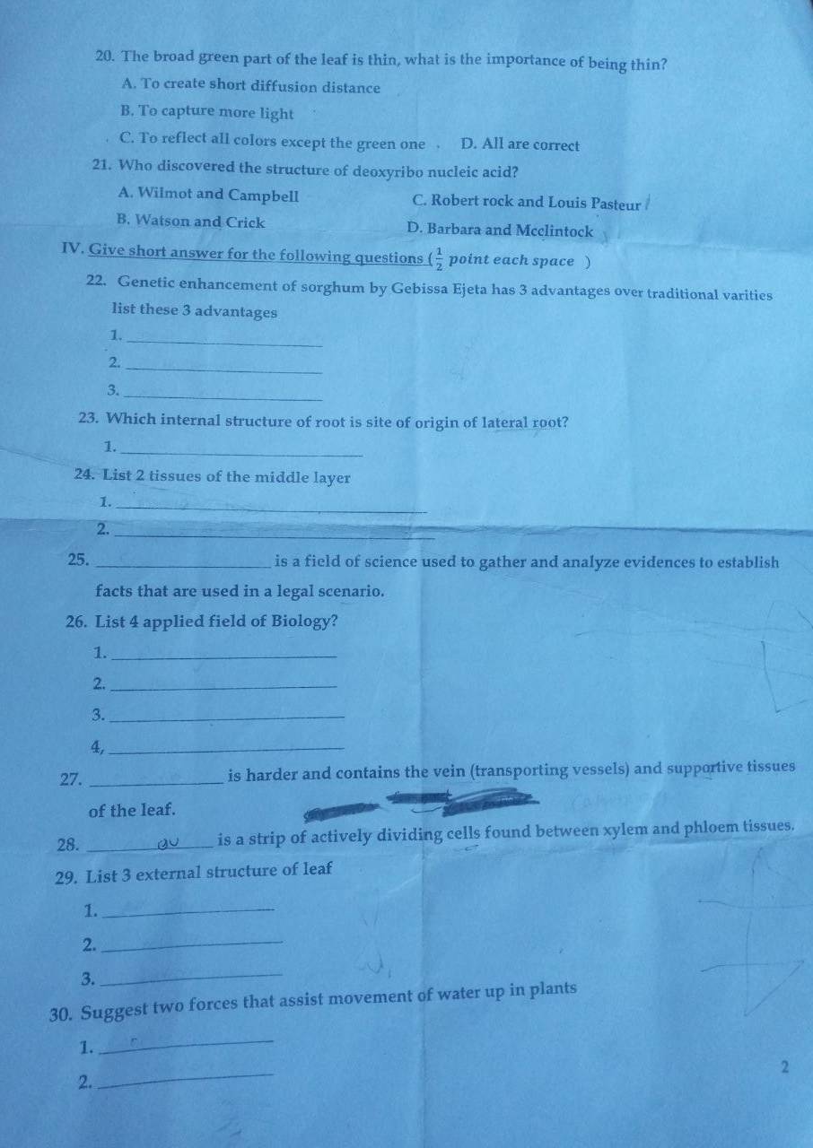 The broad green part of the leaf is thin, what is the importance of being thin?
A. To create short diffusion distance
B. To capture more light
C. To reflect all colors except the green one . D. All are correct
21. Who discovered the structure of deoxyribo nucleic acid?
A. Wilmot and Campbell C. Robert rock and Louis Pasteur
B. Watson and Crick D. Barbara and Mcclintock
IV. Give short answer for the following questions ( 1/2  point each space )
22. Genetic enhancement of sorghum by Gebissa Ejeta has 3 advantages over traditional varities
list these 3 advantages
1._
2._
3._
23. Which internal structure of root is site of origin of lateral root?
1._
24. List 2 tissues of the middle layer
1._
2.
_
25._ is a field of science used to gather and analyze evidences to establish
facts that are used in a legal scenario.
26. List 4 applied field of Biology?
1._
2._
3._
4,_
27. _is harder and contains the vein (transporting vessels) and supportive tissues
of the leaf.
28. _is a strip of actively dividing cells found between xylem and phloem tissues.
29. List 3 external structure of leaf
1._
2.
_
3.
_
30. Suggest two forces that assist movement of water up in plants
1.
_
_
2
2.