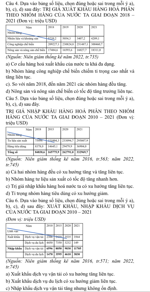 Dựa vào bảng số liệu, chọn đúng hoặc sai trong mỗi ý a),
b), c), d) sau đây: TRỊ GIÁ XUÁT KHÂU HÀNG HOÁ PHÂN
THEO NHÓM HÀNG CỦA NƯỚC TA GIAI ĐOẠN 2018 -
2021 (Đơn vị: triệu USD)
(Nguồn: Niên giám thổng kê năm 2022, tr.735)
a) Cơ cấu hàng hoá xuất khầu của nước ta khá đa dạng.
b) Nhóm hàng công nghiệp chế biến chiếm ti trọng cao nhất và
tăng liên tục.
c). So với năm 2018, đến năm 2021 các nhóm hàng đều tăng.
d) Nông sản và nông sản chế biến có tốc độ tăng trưởng liên tục.
Câu 5. Dựa vào bảng số liệu, chọn đúng hoặc sai trong mỗi ý a),
b), c), d) sau đây.
tRị giá nhập khÂU HÀnG HOá phÂN tHEO nhóm
HÀNG CÚA NƯỚC TA GIAI ĐOẠN 2010 - 2021 (Đơn vị:
triệu USD)
(Nguồn: Niên giám thống kê năm 2016, tr.563; năm 2022,
tr. 745)
a) Cả hai nhóm hàng đều có xu hướng tăng và tăng liên tục.
b) Nhóm hàng tư liệu sản xuất có tốc độ tăng nhanh hơn.
c) Trị giá nhập khầu hàng hoá nước ta có xu hướng tăng liên tục.
d) Ti trọng nhóm hàng tiêu dùng có xu hướng giảm.
Câu 6. Dựa vào bảng số liệu, chọn đúng hoặc sai trong mỗi ý a),
b), c), d) sau đây: XUÁT KHÂU, NHẠP KHÂU DỊCH VỤ
CUA NƯỚC TA GIAI ĐOẠN 2010 - 2021
(Đơn vị: triệu USD)
(Nguồn: Niên giám thống kê năm 2016, tr.571; năm 2022,
tr.745)
a) Xuất khẩu dịch vụ vận tải có xu hướng tăng liên tục.
b) Xuất khẩu dịch vụ du lịch có xu hướng giảm liên tục.
c) Nhập khẩu dịch vụ vận tải tăng nhưng không ổn định.