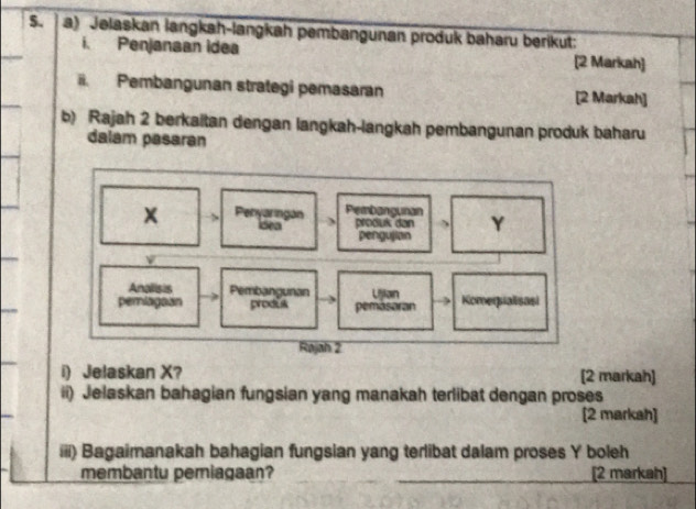 Jelaskan langkah-langkah pembangunan produk baharu berikut: 
i. Penjanaan idea [2 Markah] 
ii. Pembangunan strategi pemasaran [2 Markah] 
b) Rajah 2 berkaitan dengan langkah-langkah pembangunan produk baharu 
dalam pasaran 
> Penyaringan Pembangunan produk dan 、 Y
dea pengujian 
V 
Analisis Pembangunan 
pemlagoan produs pemasaran Ujian Komersialisasi 
Rajah 2 
i) Jelaskan X? [2 markah] 
ii) Jelaskan bahagian fungsian yang manakah terlibat dengan proses 
[2 markah] 
iii) Bagaimanakah bahagian fungsian yang terlibat dalam proses Y boleh 
membantu pemiagaan? [2 markah]