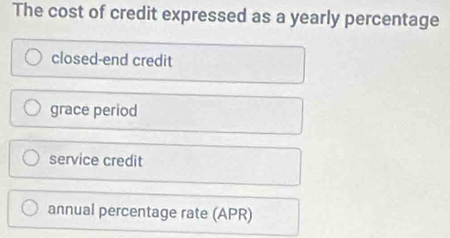 The cost of credit expressed as a yearly percentage
closed-end credit
grace period
service credit
annual percentage rate (APR)