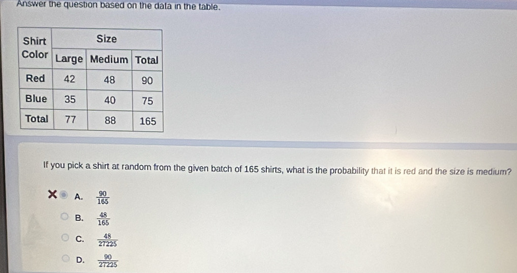 Answer the question based on the data in the table.
If you pick a shirt at random from the given batch of 165 shirts, what is the probability that it is red and the size is medium?
A.  90/165 
B.  48/165 
C.  48/27225 
D.  90/27225 