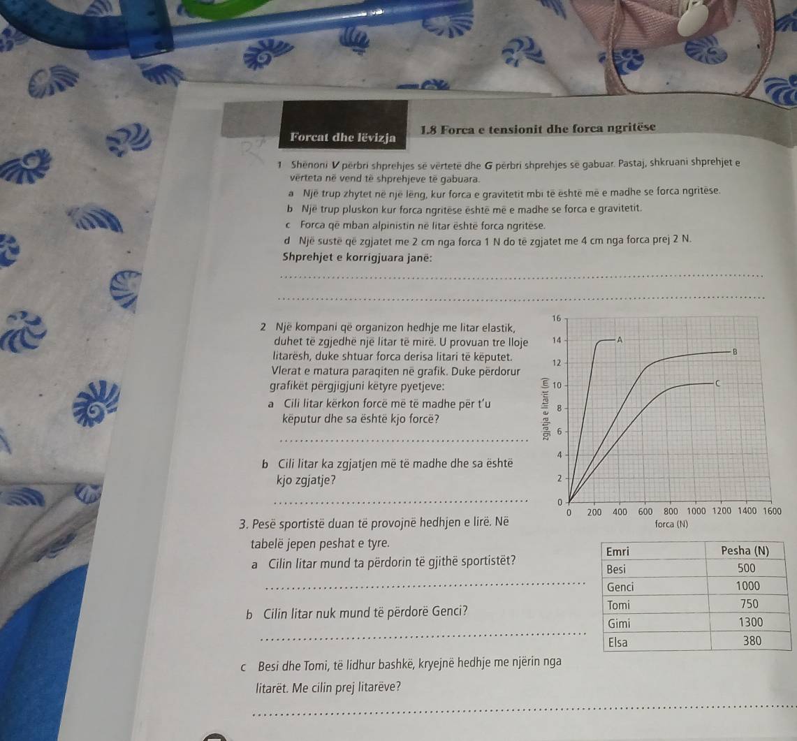 Forcat dhe lëvizja 1.8 Forca e tensionit dhe forca ngritëse
1 Shënoni V përbri shprehjes sẽ vërtete dhe G përbri shprehjes sẽ gabuar. Pastaj, shkruani shprehjet e
verteta në vend të shprehjeve tê gabuara.
a Një trup zhytet në një lëng, kur forca e gravitetit mbi të ēshtē mē e madhe se forca ngritêse.
b Një trup pluskon kur forca ngritëse ështē mē e madhe se forca e gravitetit.
c Forca që mban alpinistin në litar është forca ngritese.
d Një sustë që zgjatet me 2 cm nga forca 1 N do tē zgjatet me 4 cm nga forca prej 2 N.
Shprehjet e korrigjuara janë:
_
_
_
2 Një kompani që organizon hedhje me litar elastik,
duhet të zgjedhë një litar të mirë. U provuan tre lloje
litarësh, duke shtuar forca derisa litari të këputet. 
Vlerat e matura paraqiten në grafik. Duke përdorur
grafikët përgjigjuni këtyre pyetjeve: 
a Cili litar kërkon forcë më të madhe për t'u 
keputur dhe sa është kjo forcë?
_
b Cili litar ka zgjatjen më të madhe dhe sa është
kjo zgjatje?
_
3. Pesë sportistë duan të provojnë hedhjen e lirë. Në
tabelë jepen peshat e tyre. 
a Cilin litar mund ta përdorin të gjithë sportistët?
_
b Cilin litar nuk mund të përdorë Genci?
_
c Besi dhe Tomi, të lidhur bashkë, kryejnë hedhje me njërin nga
litarët. Me cilin prej litarëve?
_