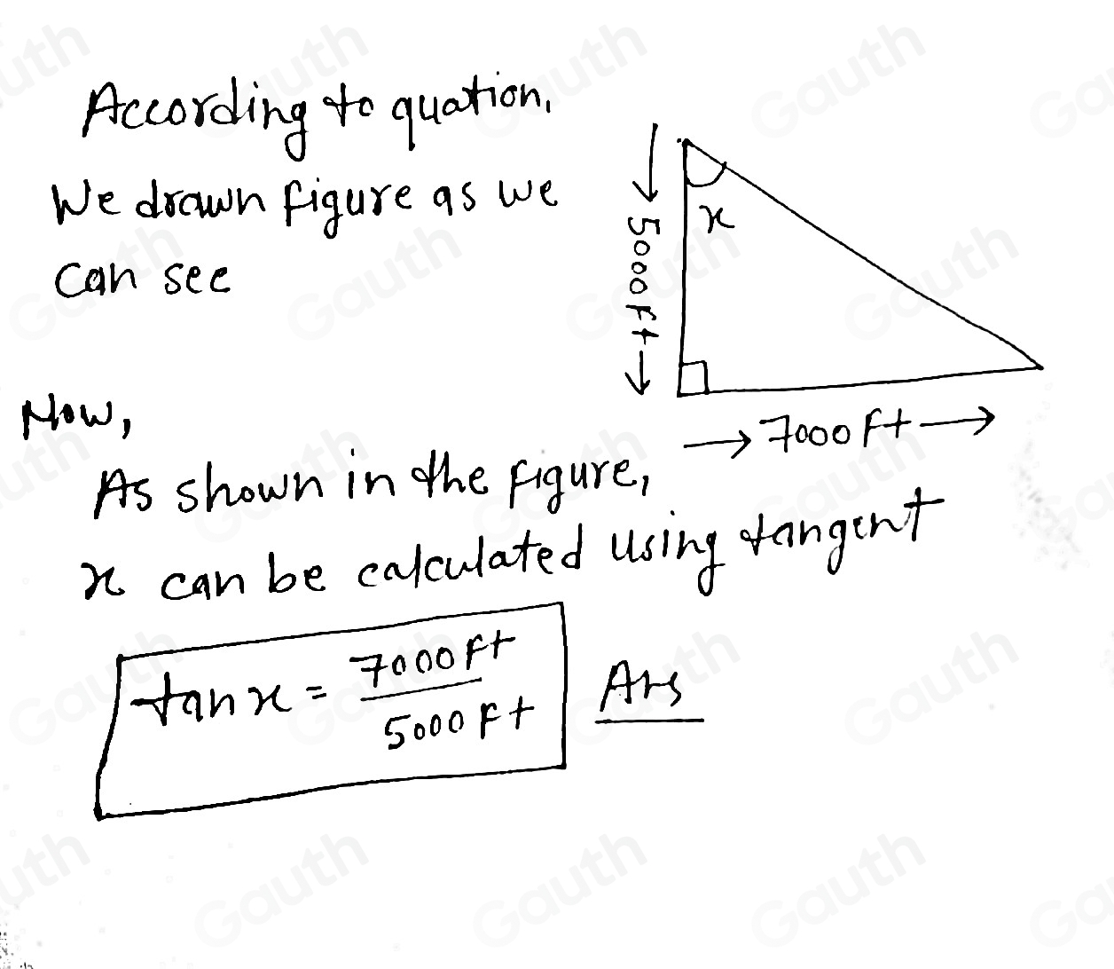 According to quation, 
We drawn figure as we 
can see 
Now, 
As shown in the figure, 
n can be calculated using dangent
tan x= 7000Ft/5000Ft  Ars