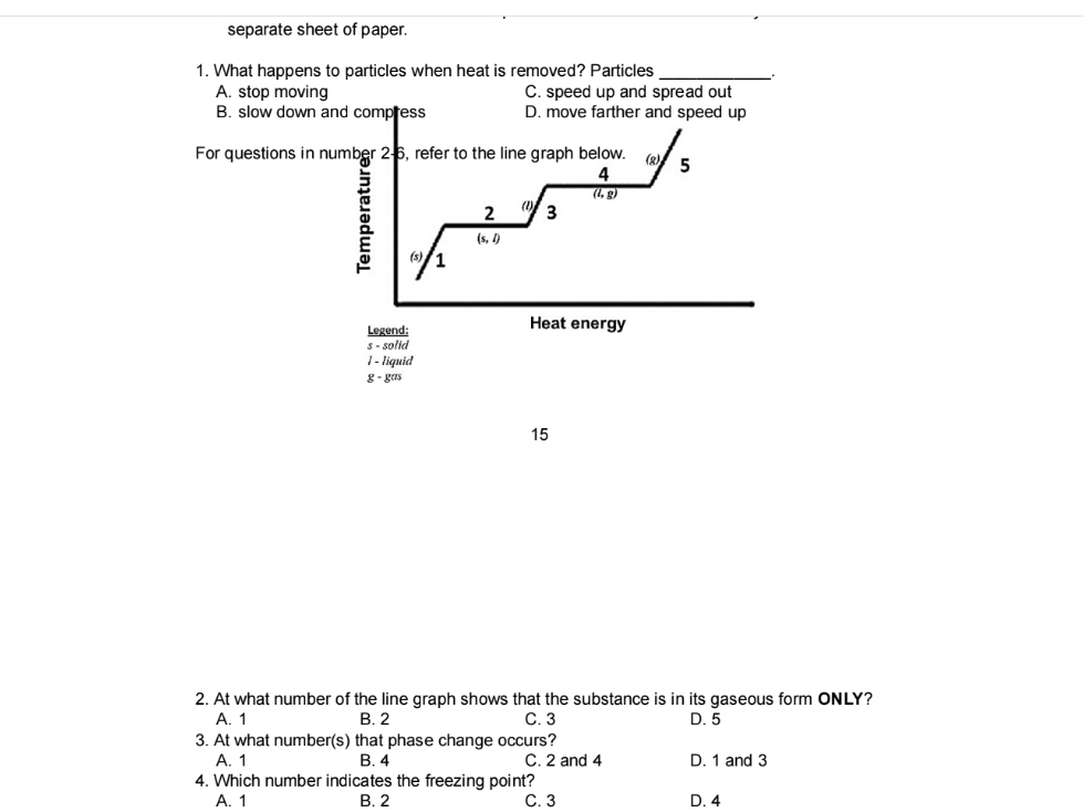 separate sheet of paper.
1. What happens to particles when heat is removed? Particles_
.
A. stop moving C. speed up and spread out
B. slow down and compress D. move farther and speed up
For questions in number 2-6, refer to the line graph below. 2) 5
4
(l,g)
2 (1) 3
(s, 1)
(s) 1
Legend: Heat energy
s - solid
1 - liquid
g - gas
15
2. At what number of the line graph shows that the substance is in its gaseous form ONLY?
A. 1 B. 2 C. 3 D. 5
3. At what number(s) that phase change occurs?
A. 1 B. 4 C. 2 and 4 D. 1 and 3
4. Which number indicates the freezing point?
A. 1 B. 2 C. 3 D. 4