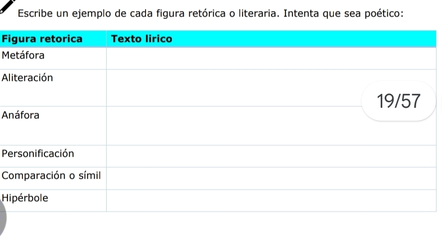 Escribe un ejemplo de cada figura retórica o literaria. Intenta que sea poético: 
F 
M 
Al 
A 
P 
C