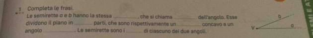 a 
1 Completa le frasi. 
Le semirette α e b hanno la stessa _, che si chiama _dell'angolo. Esse 
dividono il piano in _parti, che sono rispettivamente un _concavo e un 
angolo_ . Le semirette sono i _di ciascuno dei due angoli.