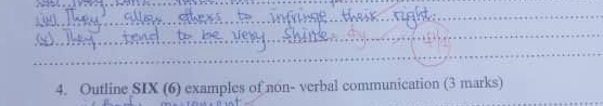 Outline SIX (6) examples of non- verbal communication (3 marks)