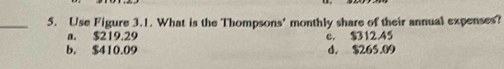 Use Figure 3.1. What is the Thompsons' monthly share of their annual expenses?
a. $219.29 c. $312.45
b. $410.09 d， $265.09