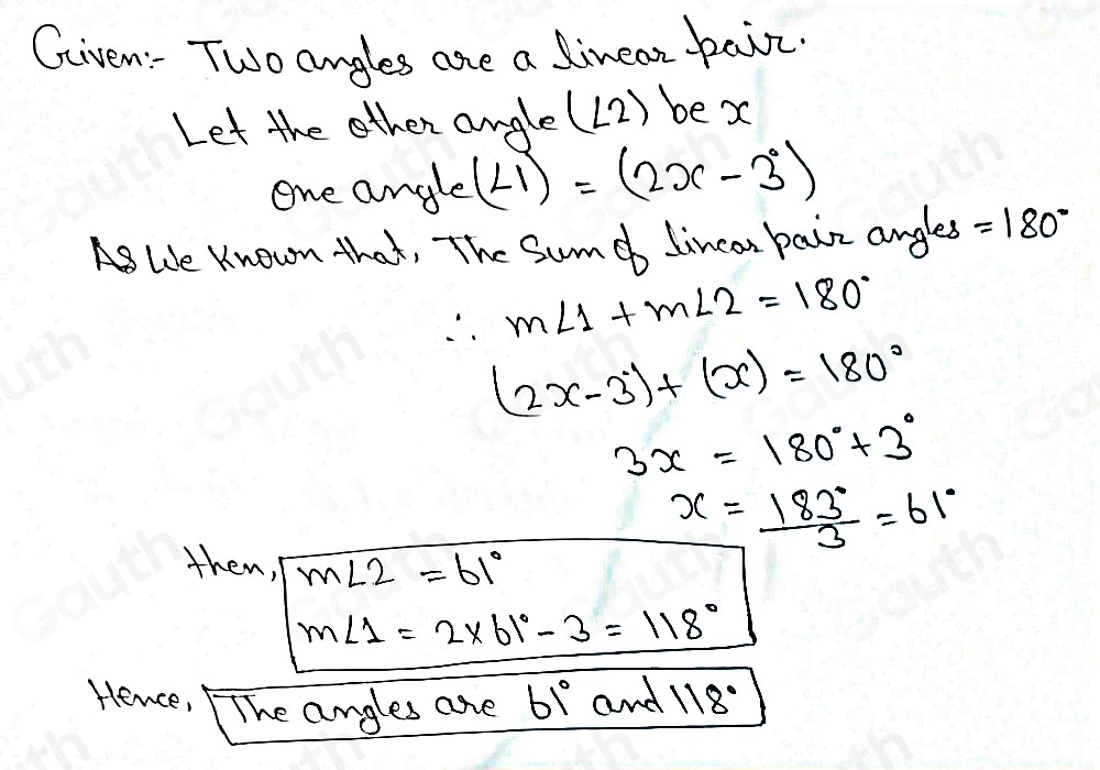 Solved: Two angles are a linear pair. One angle is 3 less than twice ...
