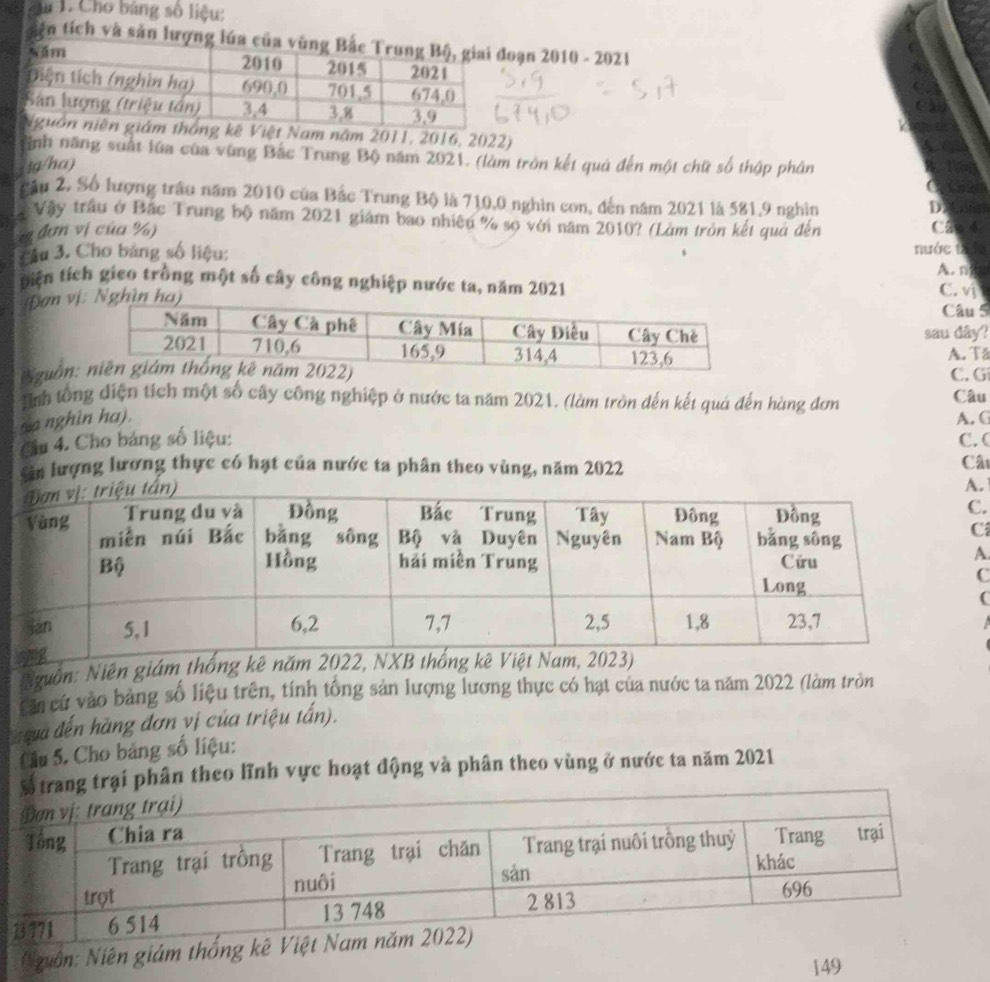 âa 1. Cho bảng số liệu: 
gện tích và sản lượng lúạn 2010 - 2021 
Việt Nam năm 2011, 2016, 2022) 
Tãnh năng suất lửa của vùng Bắc Trung Bộ năm 2021. (làm tròn kết quả đến một chữ số thập phân 
1ig/ha) 
C 
Sầu 2, Số lượng trâu năm 2010 của Bắc Trung Bộ là 710, 0 nghin con, đến năm 2021 là 581, 9 nghin 
DXnàn 
Vậy trầu ở Bắc Trung bộ năm 2021 giám bao nhiêu % sọ với năm 2010? (Làm tròn kết quả đến C2 4 
a đơ vị của % nước tháa 
Câu 3. Cho bảng số liệu: 
A. n 
Đ iện tích gico trồng một số cây công nghiệp nước ta, năm 2021 
Đơn v C. vị 
Câu 5 
sau dây? 
A. Ta 
NguồnC. Gí 
Tỉnh tổng diện tích một số cây công nghiệp ở nước ta năm 2021. (làm tròn đến kết quả đến hàng đơn 
Câu 
ha nghìn ha). A. C 
Cầu 4. Cho bảng số liệu: C. ( Cât 
Sâản lượng lương thực có hạt của nước ta phân theo vùng, năm 2022. 
. 
C 
( 
Nguồn: Niên giám 
Cn cứ vào bảng số liệu trên, tính tổng sản lượng lương thực có hạt của nước ta năm 2022 (làm tròn 
ua đến hàng đơn vị của triệu tấn). 
Cầu 5. Cho bảng số liệu: 
ố trang trại phân theo lĩnh vực hoạt động và phân theo vùng ở nước ta năm 2021 
Nguôn: Niên giám thống kê 
149