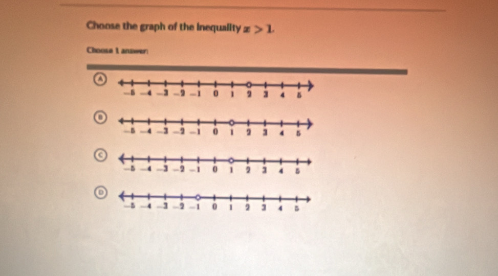 Choose the graph of the inequality x>1. 
Choose 1 answer 
o